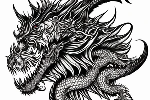 chimera, dragons wings, lions mane, crystal ball, shaman, dark, vertical, horns, dragons claws, shadow, snake tail, trippy, shoulder sleeve tattoo idea