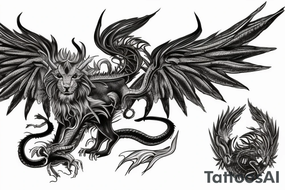 chimera, dragons wings, lions mane, crystal ball, shaman, dark, vertical, horns, dragons claws, shadow, snake tail, trippy, shoulder sleeve tattoo tattoo idea