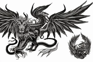 chimera, dragons wings, lions mane, crystal ball, shaman, dark, vertical, horns, dragons claws, shadow, snake tail, trippy, shoulder sleeve tattoo tattoo idea