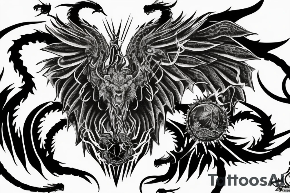 chimera, dragons wings, lions mane, crystal ball, shaman, dark, vertical, horns, dragons claws, shadow, snake tail, trippy, shoulder sleeve tattoo tattoo idea