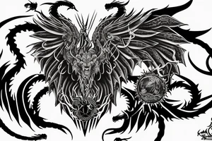chimera, dragons wings, lions mane, crystal ball, shaman, dark, vertical, horns, dragons claws, shadow, snake tail, trippy, shoulder sleeve tattoo tattoo idea