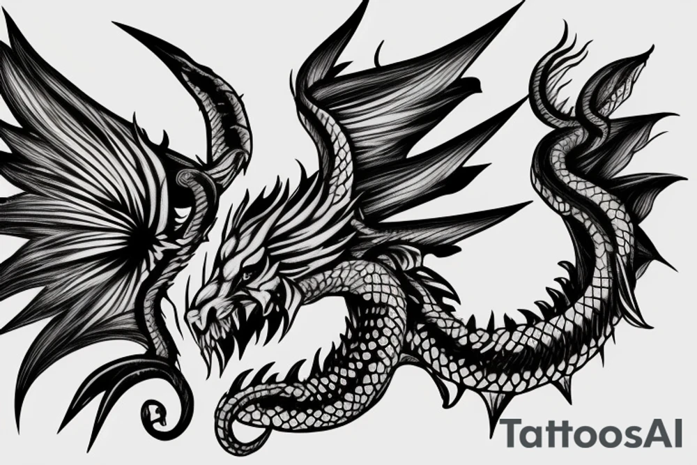 chimera, dragons wings, lions mane, crystal ball, shaman, dark, vertical, horns, dragons claws, shadow, snake tail, trippy, shoulder sleeve tattoo tattoo idea