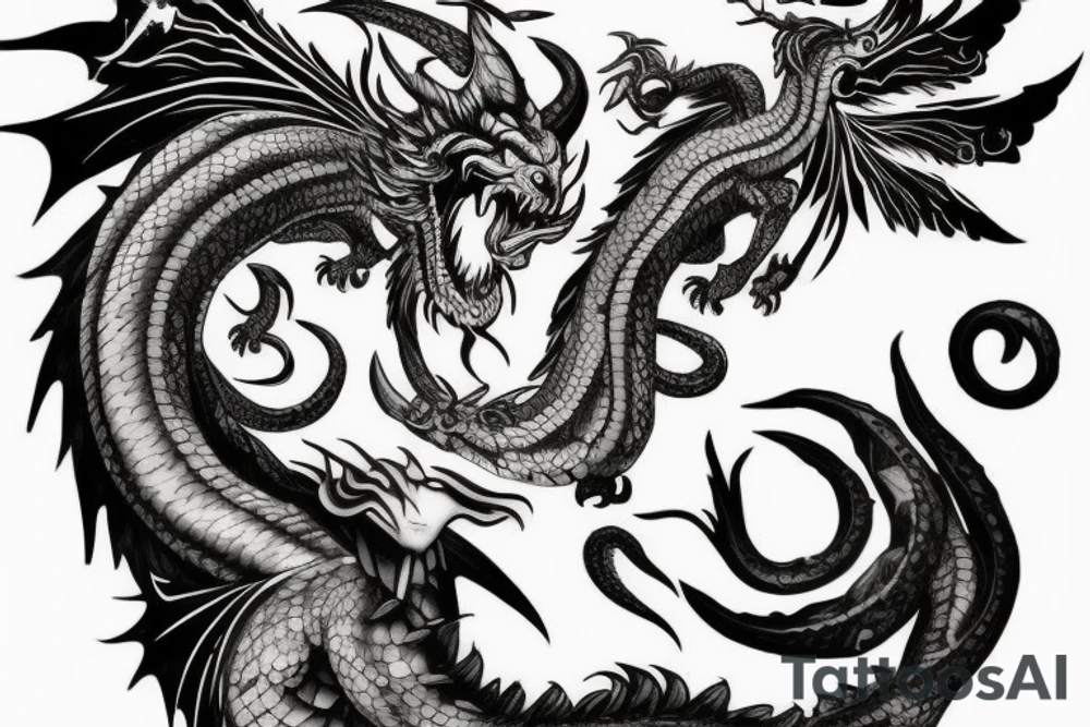 chimera, dragons wings, lions mane, crystal ball, shaman, dark, vertical, horns, dragons claws, shadow, snake tail, trippy, shoulder sleeve tattoo tattoo idea