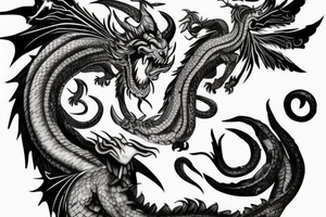 chimera, dragons wings, lions mane, crystal ball, shaman, dark, vertical, horns, dragons claws, shadow, snake tail, trippy, shoulder sleeve tattoo tattoo idea