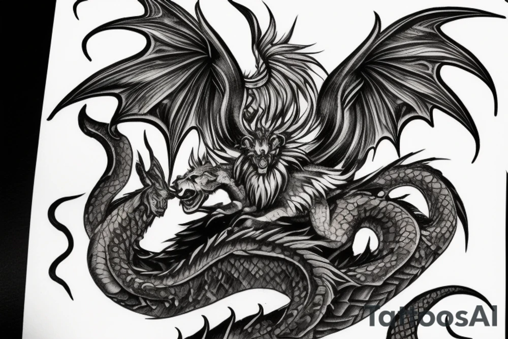 chimera, dragons wings, lions mane, crystal ball, shaman, dark, vertical, horns, dragons claws, shadow, snake tail, trippy, shoulder sleeve tattoo tattoo idea