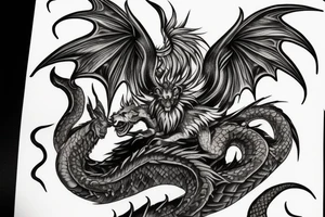 chimera, dragons wings, lions mane, crystal ball, shaman, dark, vertical, horns, dragons claws, shadow, snake tail, trippy, shoulder sleeve tattoo tattoo idea