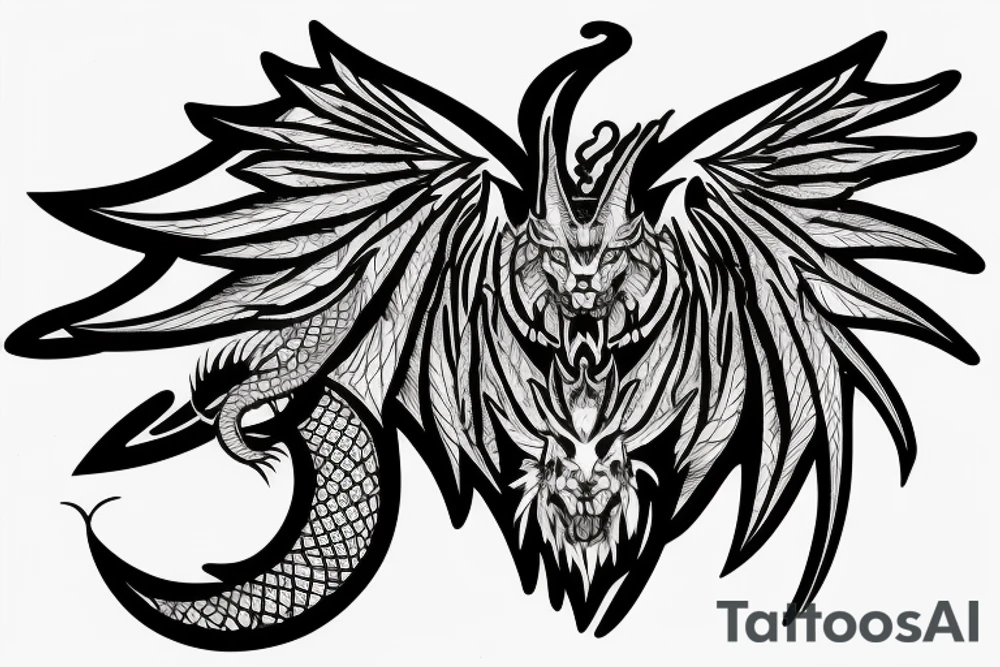 chimera, dragons wings, lions mane, crystal ball, shaman, dark, vertical, horns, dragons claws, shadow, snake tail, trippy, shoulder sleeve tattoo tattoo idea
