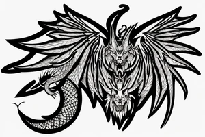 chimera, dragons wings, lions mane, crystal ball, shaman, dark, vertical, horns, dragons claws, shadow, snake tail, trippy, shoulder sleeve tattoo tattoo idea