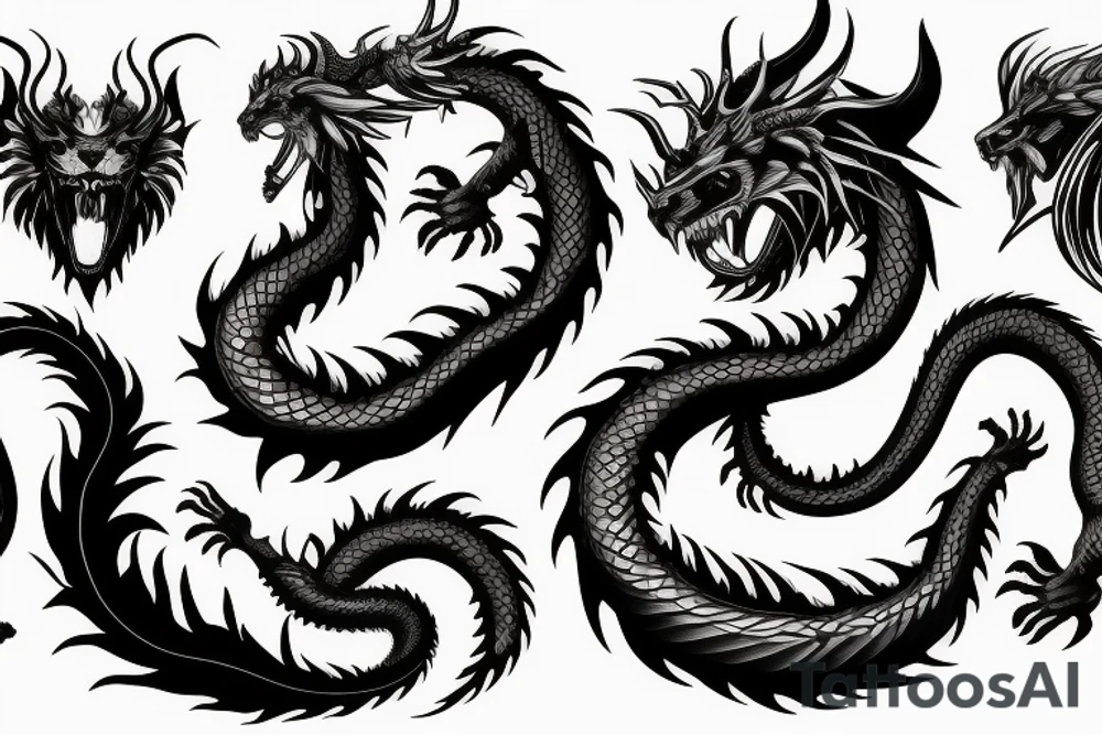 chimera, dragons wings, lions mane, crystal ball, shaman, dark, vertical, horns, dragons claws, shadow, snake tail, trippy, shoulder sleeve tattoo tattoo idea