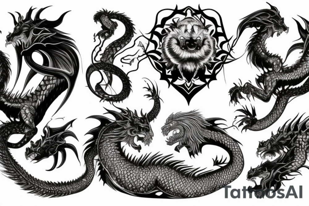 chimera, dragons wings, lions mane, crystal ball, shaman, dark, vertical, horns, dragons claws, shadow, snake tail, trippy, shoulder sleeve tattoo tattoo idea