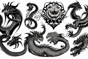 chimera, dragons wings, lions mane, crystal ball, shaman, dark, vertical, horns, dragons claws, shadow, snake tail, trippy, shoulder sleeve tattoo tattoo idea