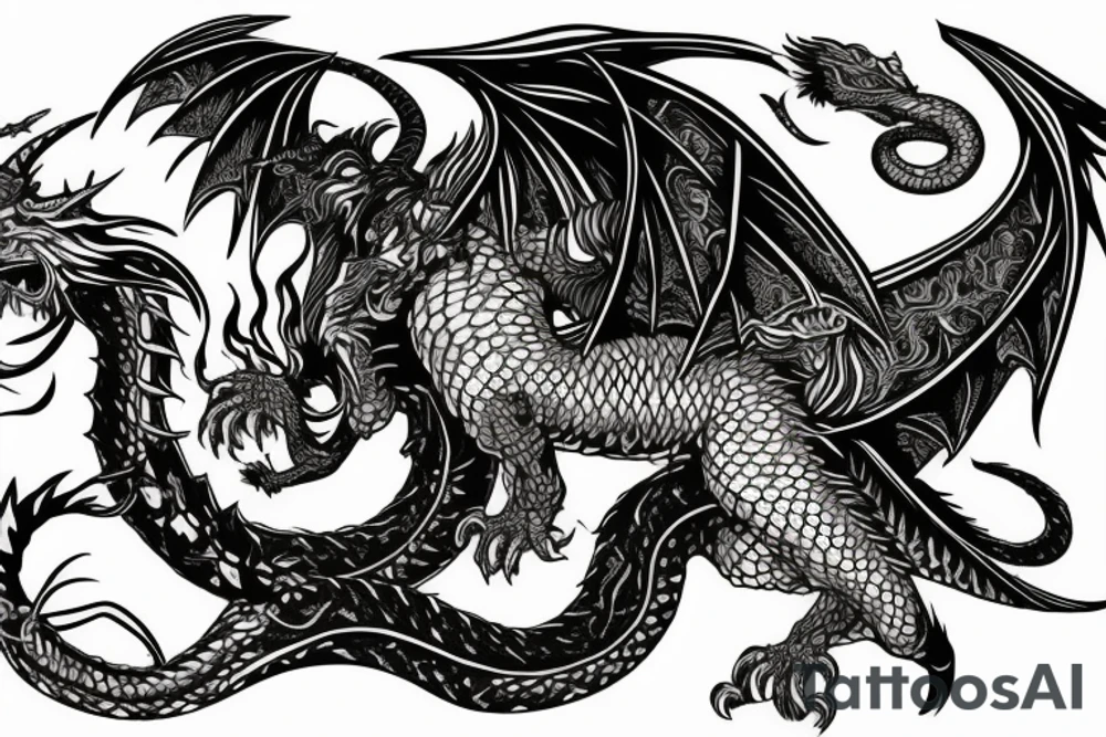 chimera, dragons wings, lions mane, crystal ball, shaman, dark, vertical, horns, dragons claws, shadow, snake tail, trippy, shoulder sleeve tattoo tattoo idea