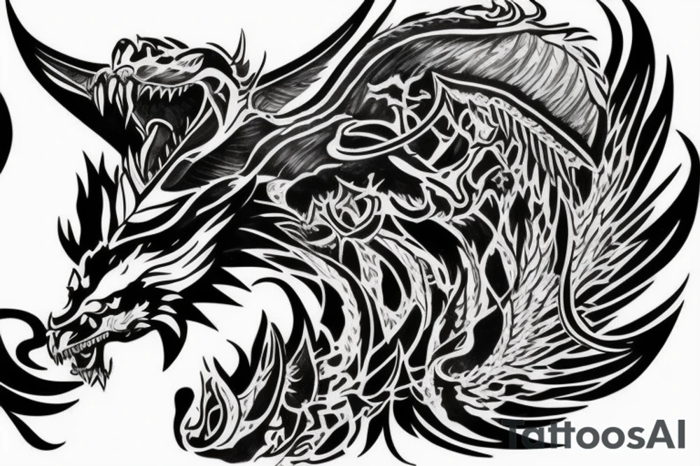 chimera, dragons wings, lions mane, crystal ball, shaman, dark, vertical, horns, dragons claws, shadow, snake tail, trippy, shoulder sleeve tattoo tattoo idea