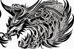 chimera, dragons wings, lions mane, crystal ball, shaman, dark, vertical, horns, dragons claws, shadow, snake tail, trippy, shoulder sleeve tattoo tattoo idea