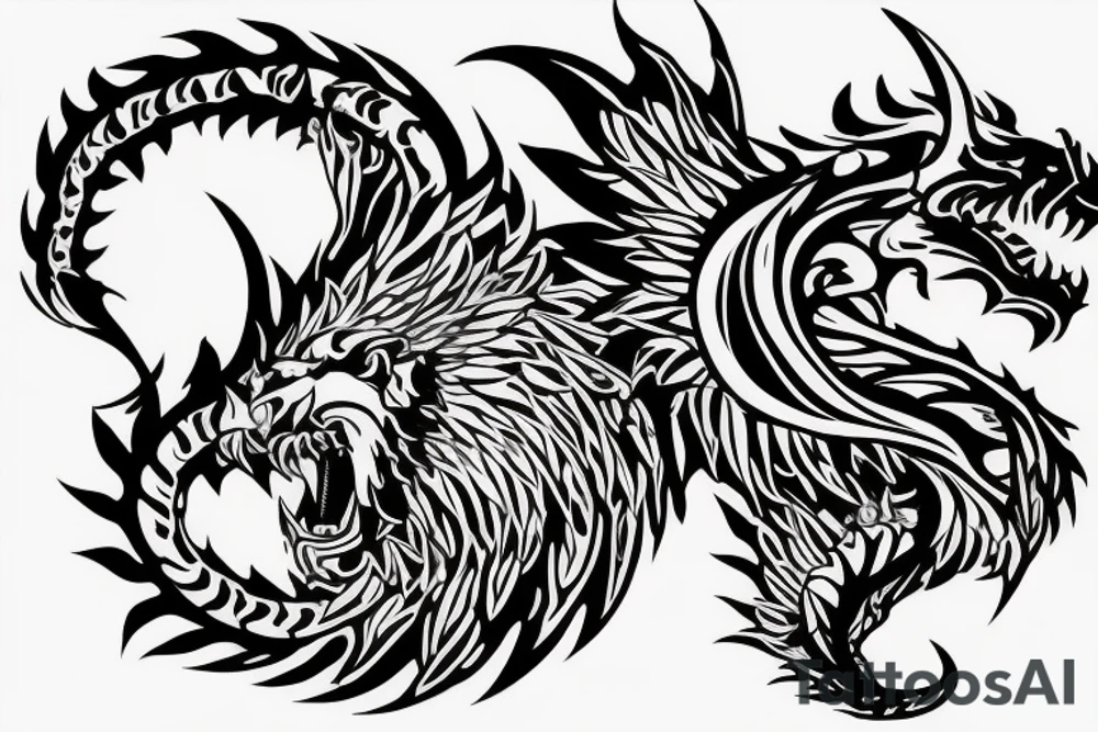chimera, dragons wings, lions mane, crystal ball, shaman, dark, vertical, horns, dragons claws, shadow, snake tail, trippy, shoulder sleeve tattoo tattoo idea