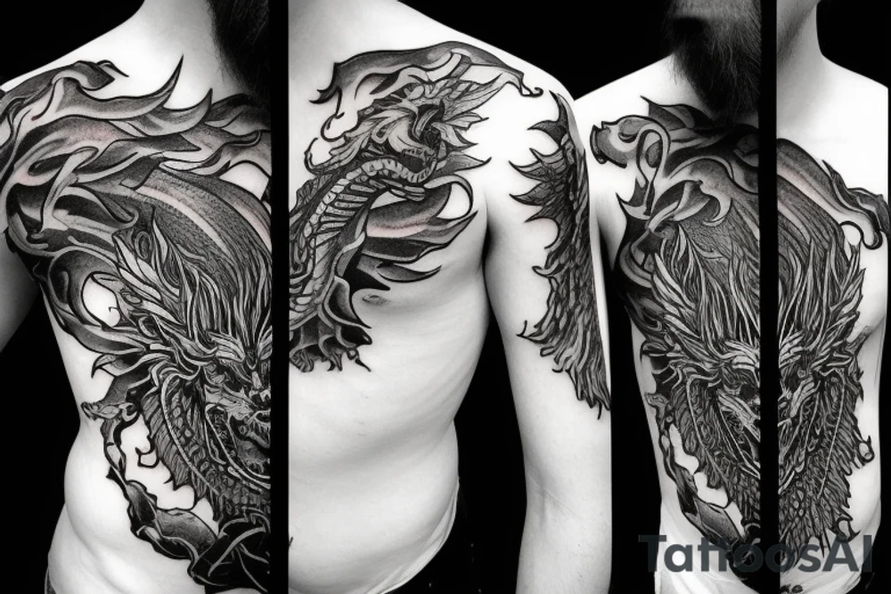 chimera, dragons wings, lions mane, crystal ball, shaman, dark, vertical, horns, dragons claws, shadow, snake tail, trippy, shoulder sleeve tattoo tattoo idea