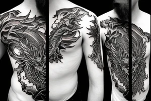 chimera, dragons wings, lions mane, crystal ball, shaman, dark, vertical, horns, dragons claws, shadow, snake tail, trippy, shoulder sleeve tattoo tattoo idea