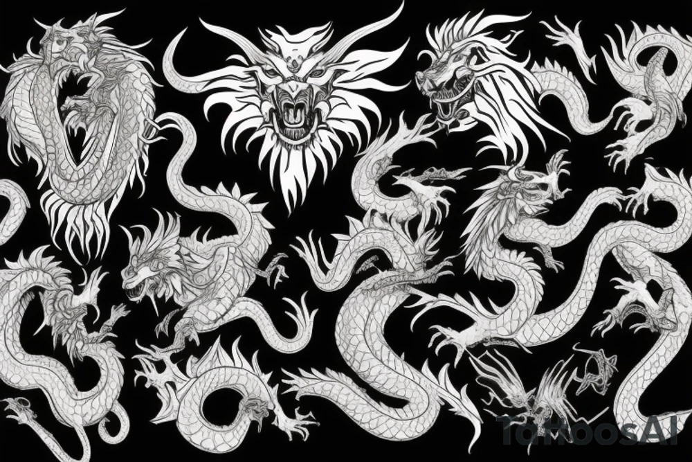 chimera, dragons wings, lions mane, crystal ball, shaman, dark, vertical, horns, dragons claws, shadow, snake tail, trippy, shoulder sleeve tattoo tattoo idea