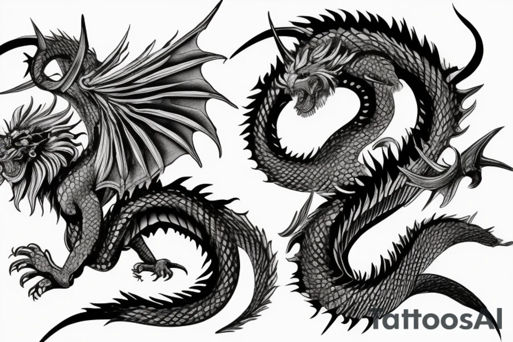 chimera, dragons wings, lions mane, crystal ball, shaman, dark, vertical, horns, dragons claws, shadow, snake tail, trippy, shoulder sleeve tattoo tattoo idea