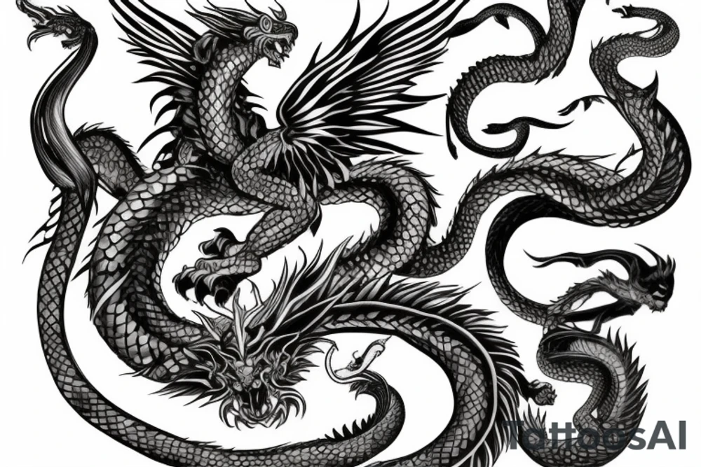 chimera, dragons wings, lions mane, crystal ball, shaman, dark, vertical, horns, dragons claws, shadow, snake tail, trippy, shoulder sleeve tattoo tattoo idea
