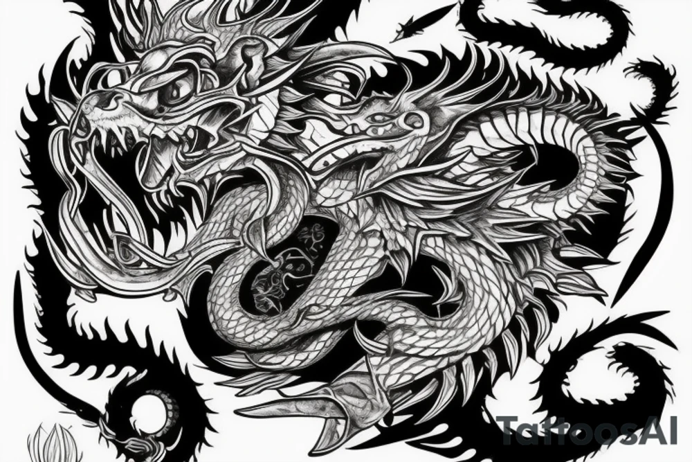 chimera, dragons wings, lions mane, crystal ball, shaman, dark, vertical, horns, dragons claws, shadow, snake tail, trippy, shoulder sleeve tattoo tattoo idea