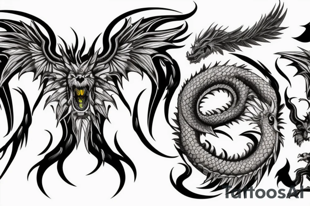 chimera, dragons wings, lions mane, crystal ball, shaman, dark, vertical, horns, dragons claws, shadow, snake tail, trippy, shoulder sleeve tattoo tattoo idea