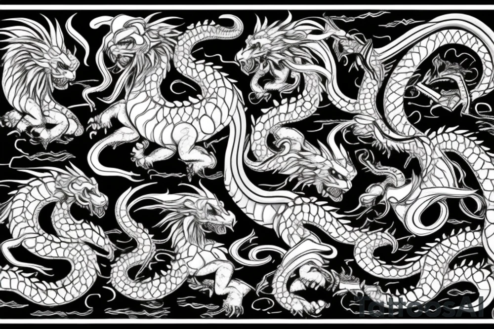 chimera, dragons wings, lions mane, crystal ball, shaman, dark, vertical, horns, dragons claws, shadow, snake tail, trippy, shoulder sleeve tattoo tattoo idea