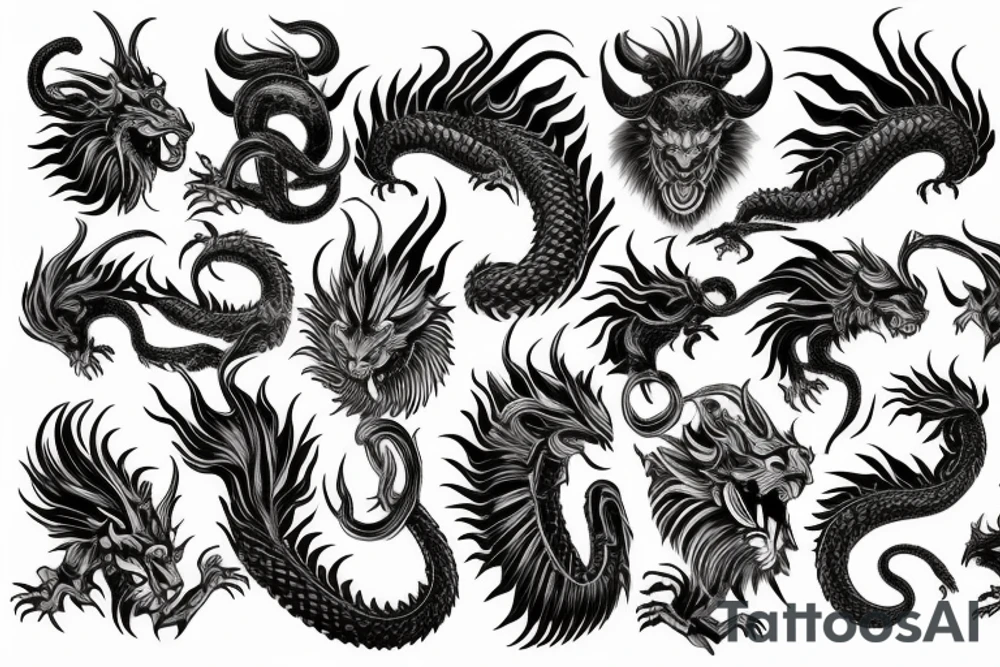 chimera, dragons wings, lions mane, crystal ball, shaman, dark, vertical, horns, dragons claws, shadow, snake tail, trippy, shoulder sleeve tattoo tattoo idea