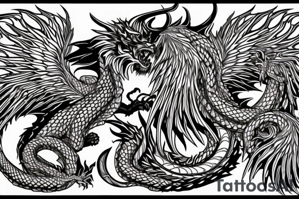 chimera, dragons wings, lions mane, crystal ball, shaman, dark, vertical, horns, dragons claws, shadow, snake tail, trippy, shoulder sleeve tattoo tattoo idea