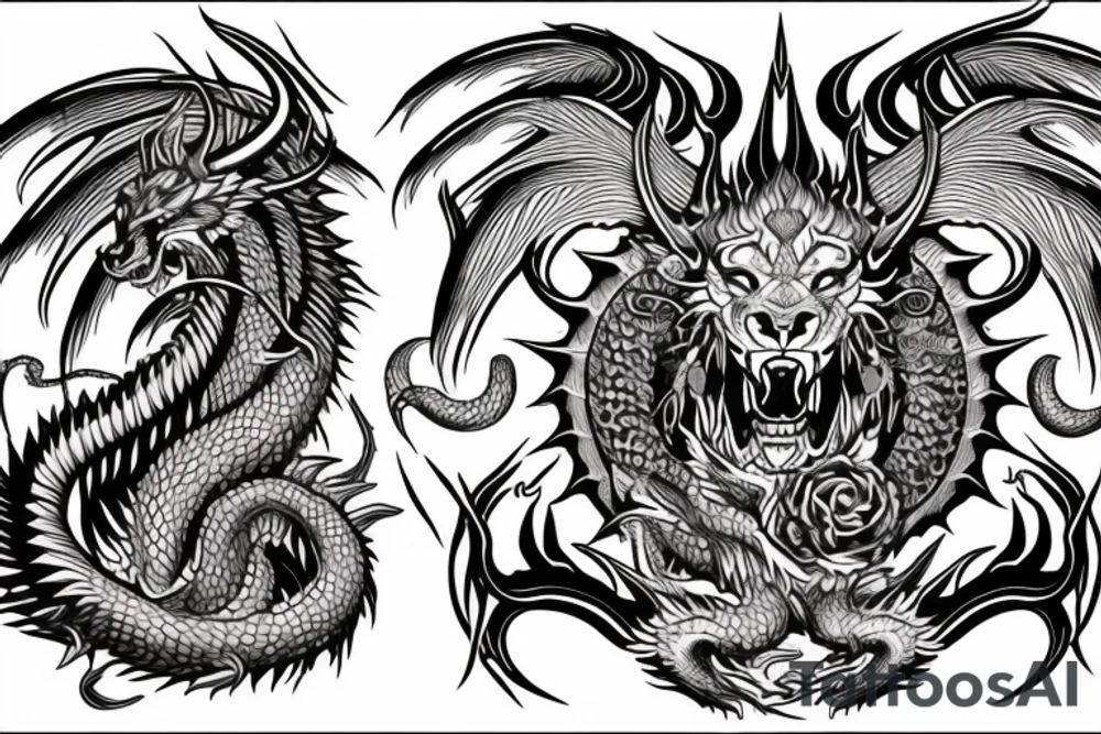chimera, dragons wings, lions mane, crystal ball, shaman, dark, vertical, horns, dragons claws, shadow, snake tail, trippy, shoulder sleeve tattoo tattoo idea