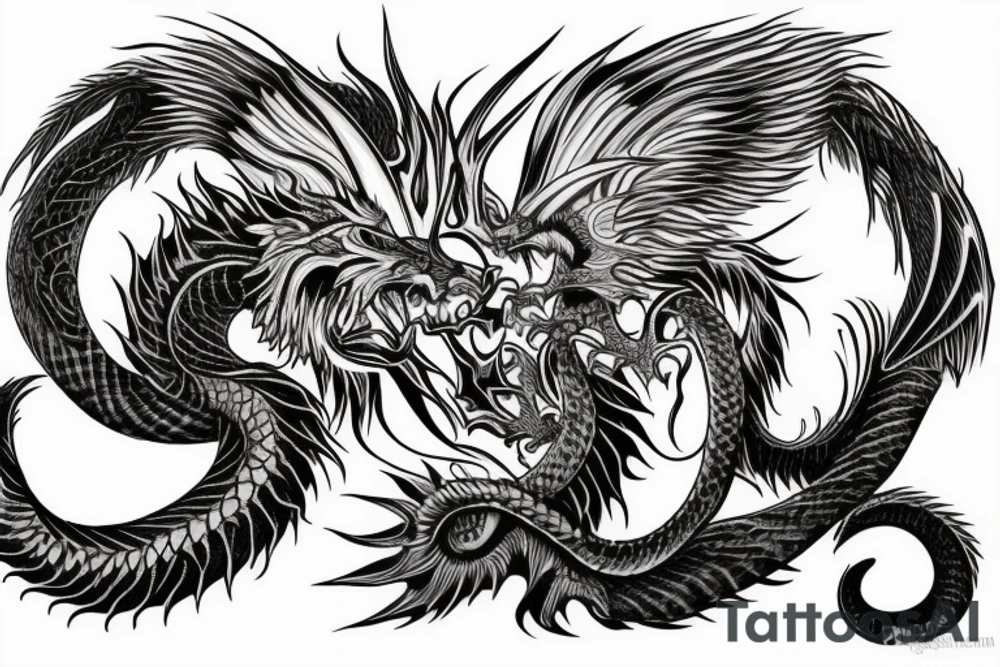 chimera, dragons wings, lions mane, crystal ball, shaman, dark, vertical, horns, dragons claws, shadow, snake tail, trippy, shoulder sleeve tattoo tattoo idea