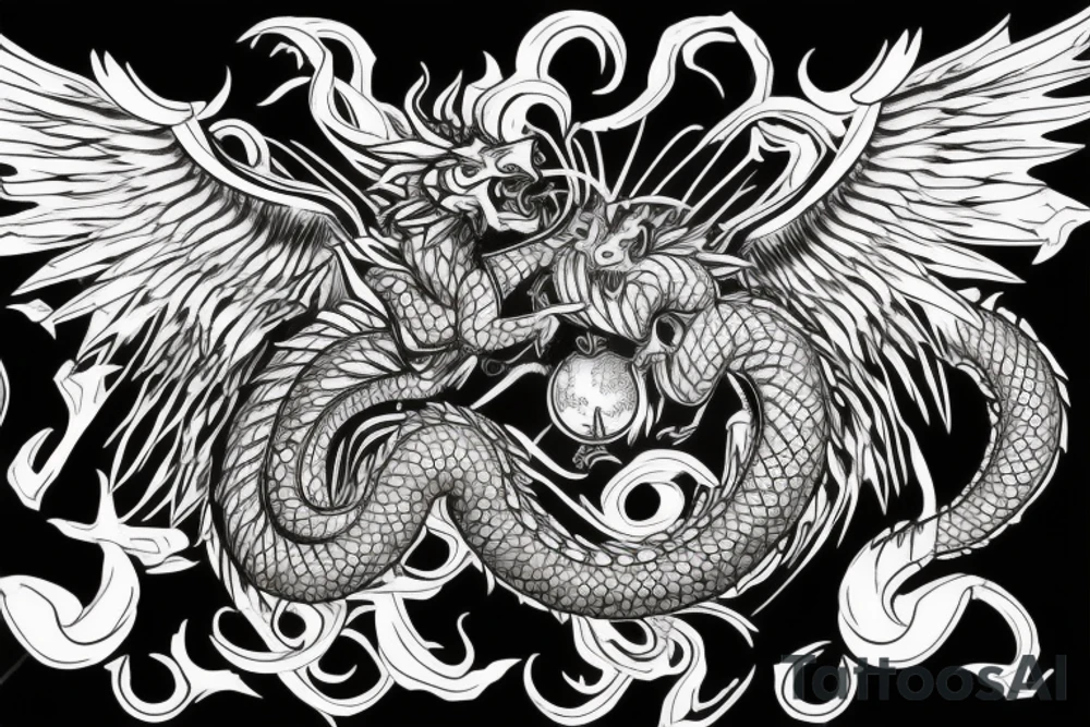 chimera, dragons wings, lions mane, crystal ball, shaman, dark, vertical, horns, dragons claws, shadow, snake tail, trippy, shoulder sleeve tattoo tattoo idea