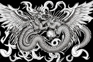 chimera, dragons wings, lions mane, crystal ball, shaman, dark, vertical, horns, dragons claws, shadow, snake tail, trippy, shoulder sleeve tattoo tattoo idea