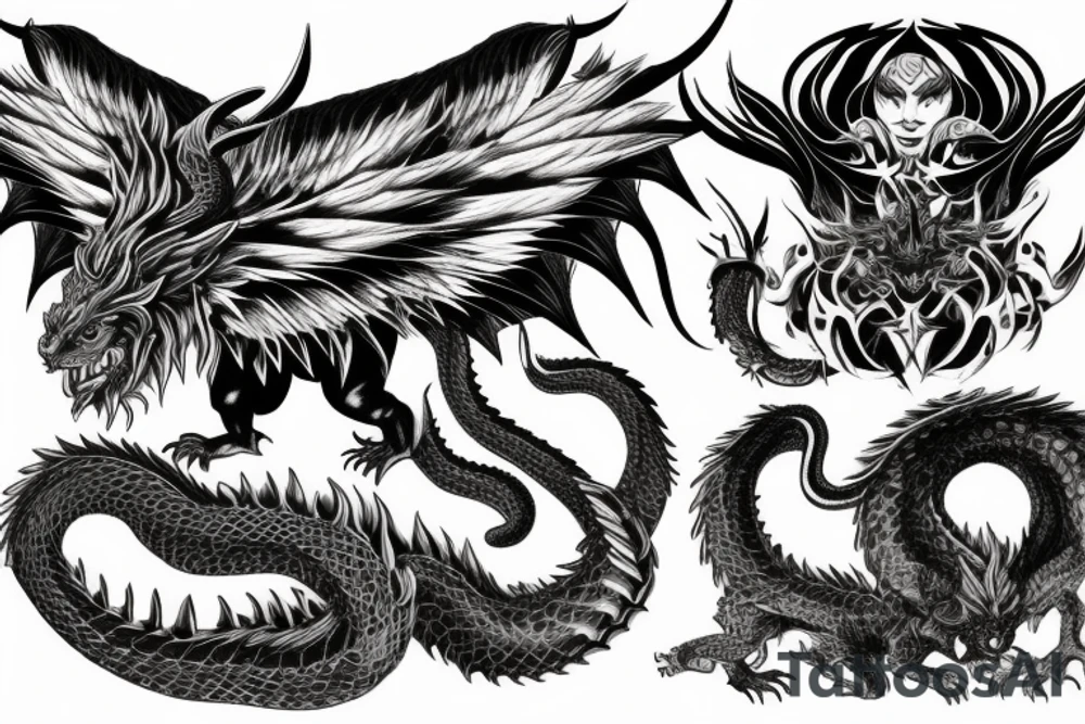 chimera, dragons wings, lions mane, crystal ball, shaman, dark, vertical, horns, dragons claws, shadow, snake tail, trippy, shoulder sleeve tattoo tattoo idea