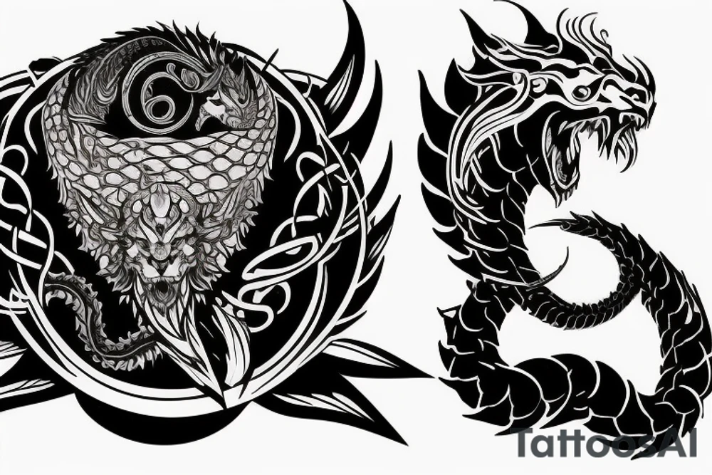chimera, dragons wings, lions mane, crystal ball, shaman, dark, vertical, horns, dragons claws, shadow, snake tail, trippy, shoulder sleeve tattoo, feet on crystal ball tattoo idea