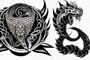 chimera, dragons wings, lions mane, crystal ball, shaman, dark, vertical, horns, dragons claws, shadow, snake tail, trippy, shoulder sleeve tattoo, feet on crystal ball tattoo idea