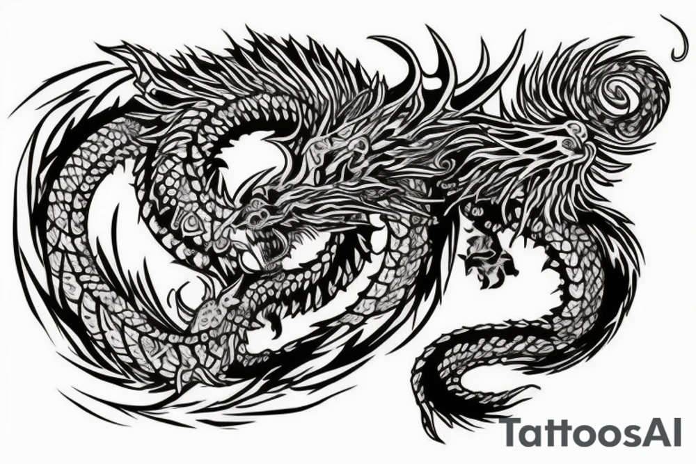 chimera, dragons wings, lions mane, crystal ball, shaman, dark, vertical, horns, dragons claws, shadow, snake tail, trippy, shoulder sleeve tattoo, feet on crystal ball tattoo idea