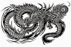 chimera, dragons wings, lions mane, crystal ball, shaman, dark, vertical, horns, dragons claws, shadow, snake tail, trippy, shoulder sleeve tattoo, feet on crystal ball tattoo idea