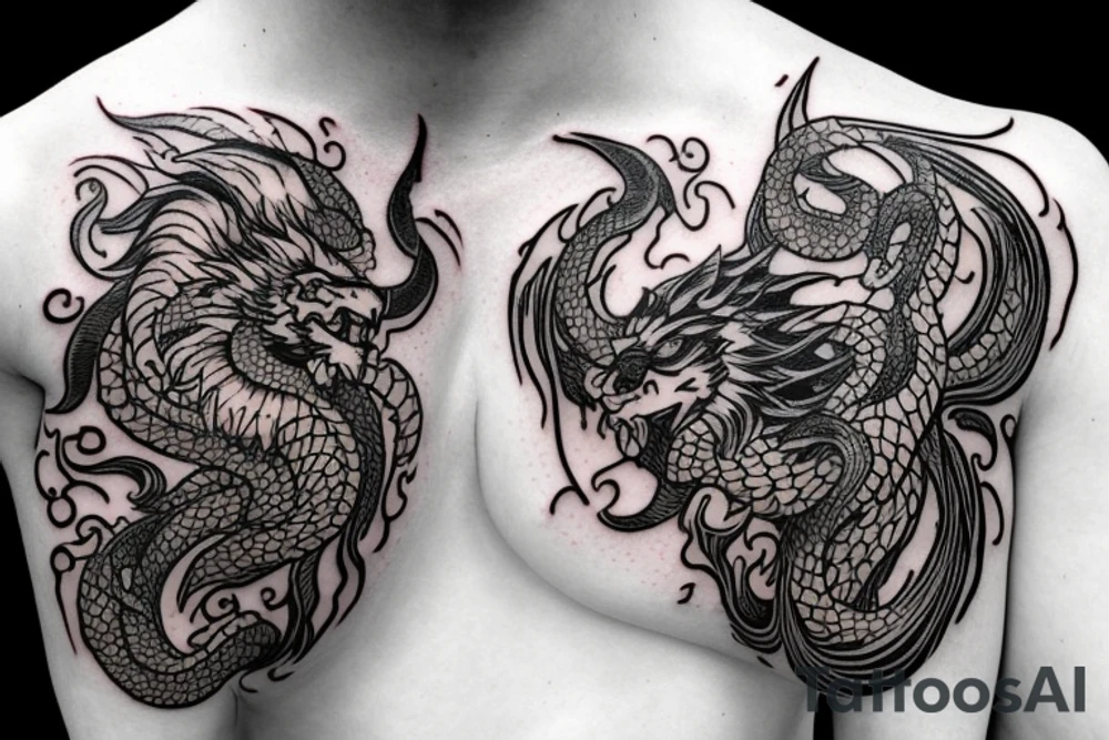 chimera, dragons wings, lions mane, crystal ball, shaman, dark, vertical, horns, dragons claws, shadow, snake tail, trippy, shoulder sleeve tattoo, feet on crystal ball tattoo idea