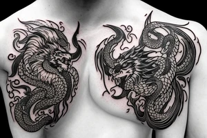 chimera, dragons wings, lions mane, crystal ball, shaman, dark, vertical, horns, dragons claws, shadow, snake tail, trippy, shoulder sleeve tattoo, feet on crystal ball tattoo idea