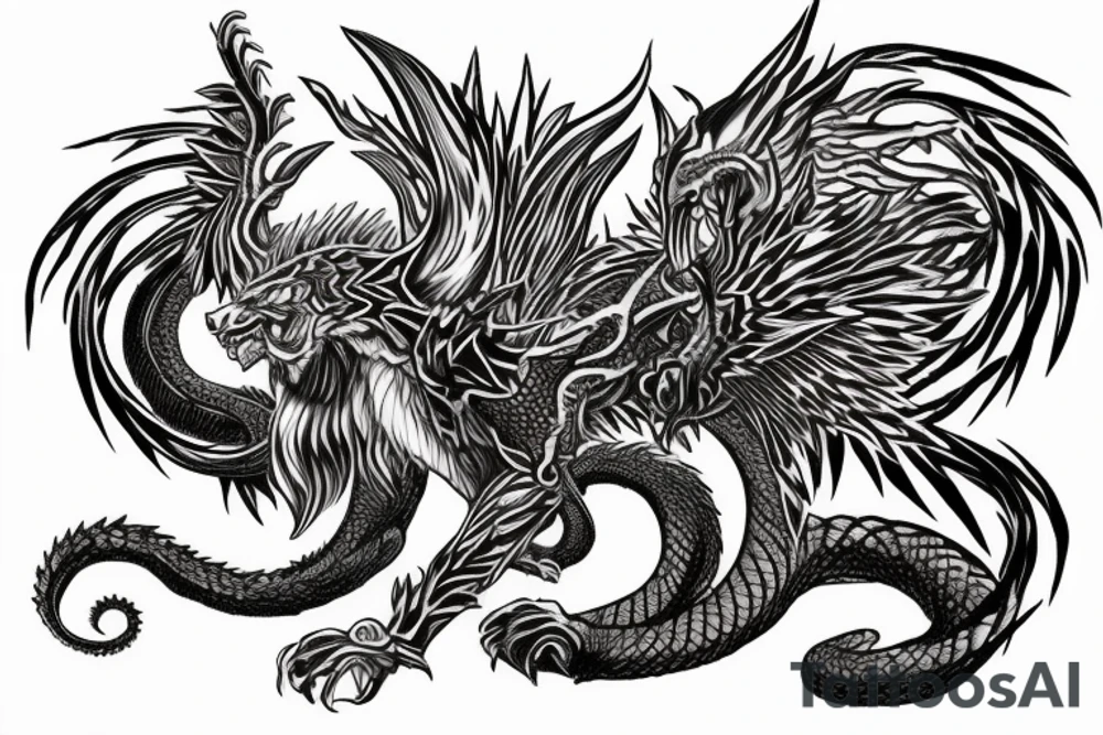 chimera, dragons wings, lions mane, crystal ball, shaman, dark, vertical, horns, dragons claws, shadow, snake tail, trippy, shoulder sleeve tattoo, feet on crystal ball tattoo idea