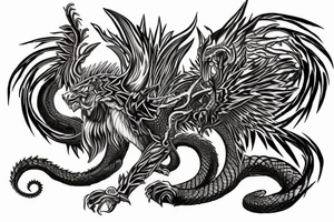 chimera, dragons wings, lions mane, crystal ball, shaman, dark, vertical, horns, dragons claws, shadow, snake tail, trippy, shoulder sleeve tattoo, feet on crystal ball tattoo idea