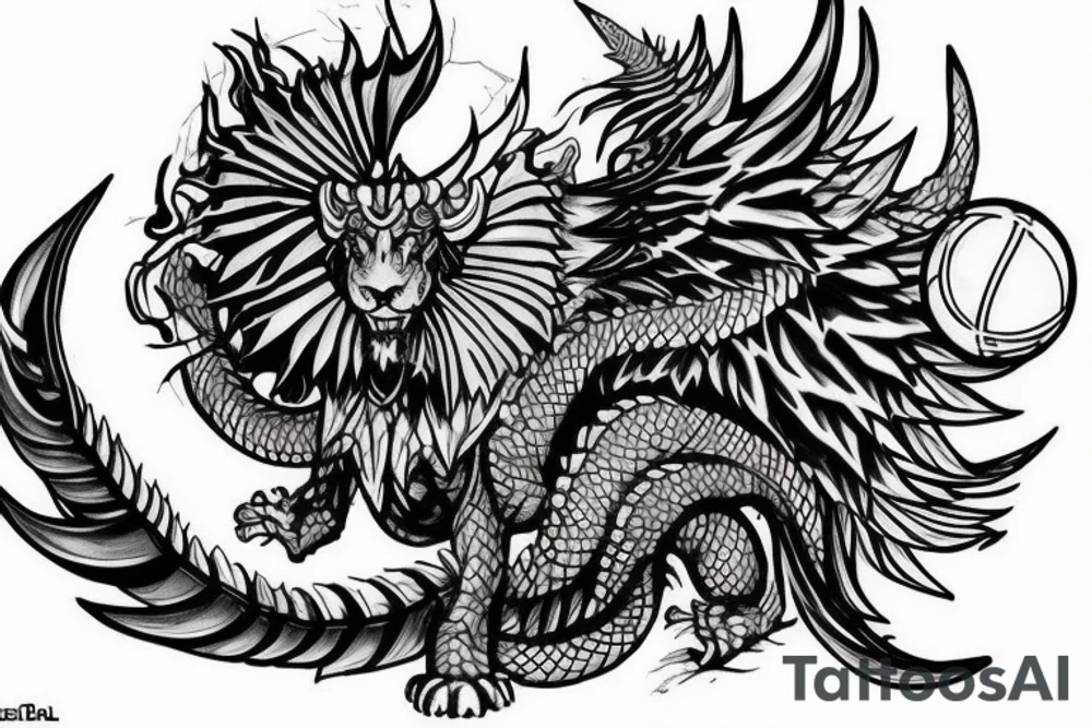 chimera, dragons wings, lions mane, crystal ball, shaman, dark, vertical, horns, dragons claws, shadow, snake tail, trippy, shoulder sleeve tattoo, feet on crystal ball tattoo idea