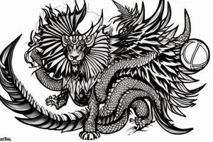 chimera, dragons wings, lions mane, crystal ball, shaman, dark, vertical, horns, dragons claws, shadow, snake tail, trippy, shoulder sleeve tattoo, feet on crystal ball tattoo idea