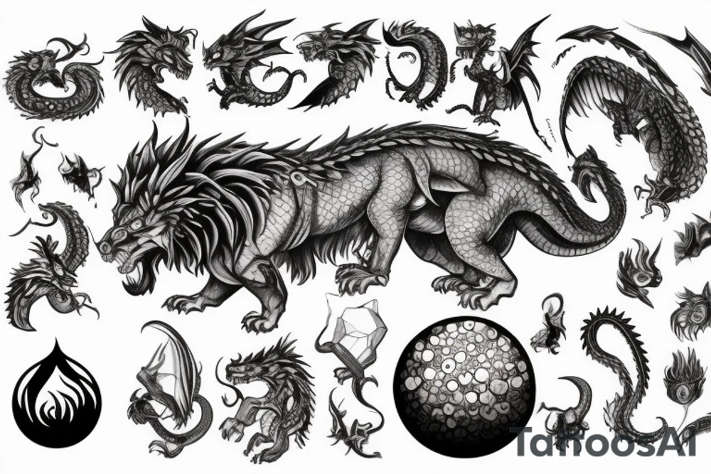 chimera, dragons wings, lions mane, crystal ball, shaman, dark, vertical, horns, dragons claws, shadow, snake tail, trippy, shoulder sleeve tattoo, feet on crystal ball tattoo idea
