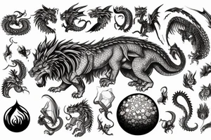 chimera, dragons wings, lions mane, crystal ball, shaman, dark, vertical, horns, dragons claws, shadow, snake tail, trippy, shoulder sleeve tattoo, feet on crystal ball tattoo idea