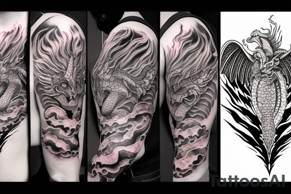 chimera, dragons wings, lions mane, crystal ball, shaman, dark, vertical, horns, dragons claws, shadow, snake tail, trippy, shoulder sleeve tattoo, feet on crystal ball tattoo idea