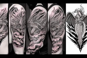 chimera, dragons wings, lions mane, crystal ball, shaman, dark, vertical, horns, dragons claws, shadow, snake tail, trippy, shoulder sleeve tattoo, feet on crystal ball tattoo idea