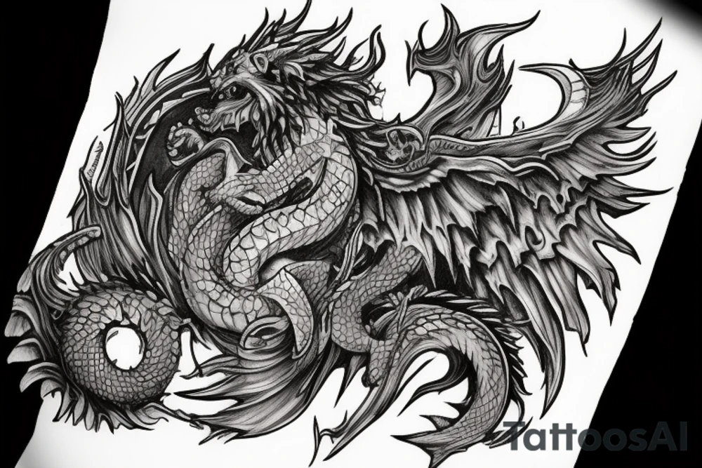 chimera, dragons wings, lions mane, crystal ball, shaman, dark, vertical, horns, dragons claws, shadow, snake tail, trippy, shoulder sleeve tattoo, feet on crystal ball tattoo idea