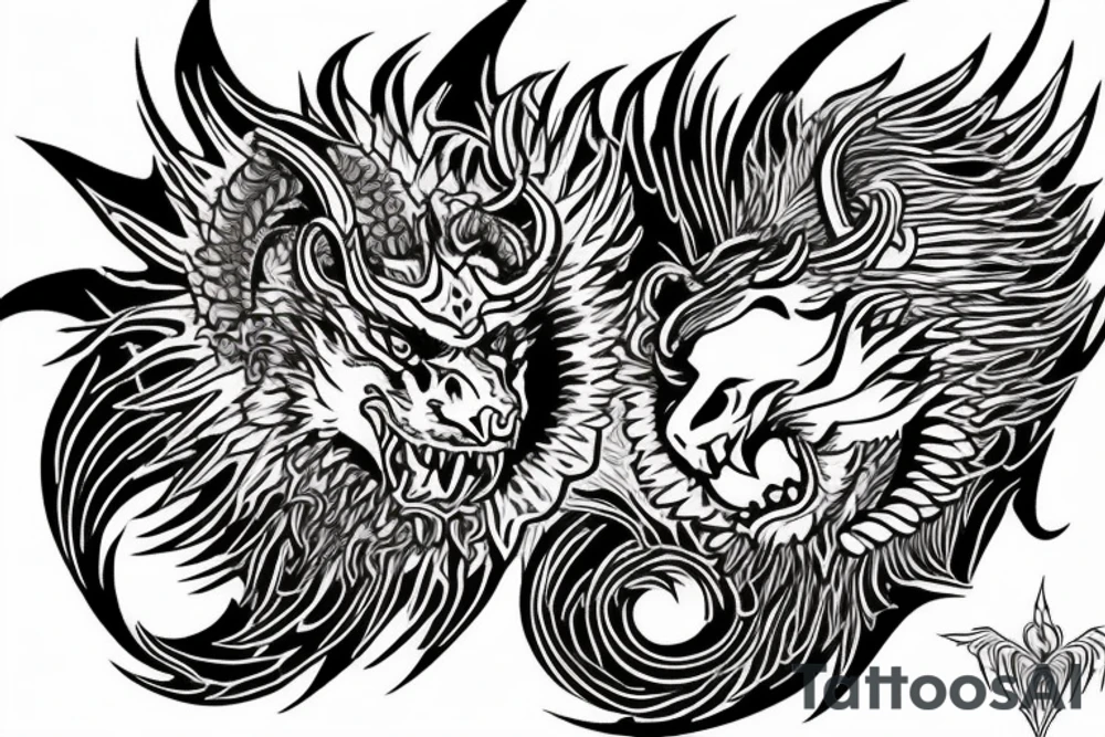 chimera, dragons wings, lions mane, crystal ball, shaman, dark, vertical, horns, dragons claws, shadow, snake tail, trippy, shoulder sleeve tattoo, feet on crystal ball tattoo idea